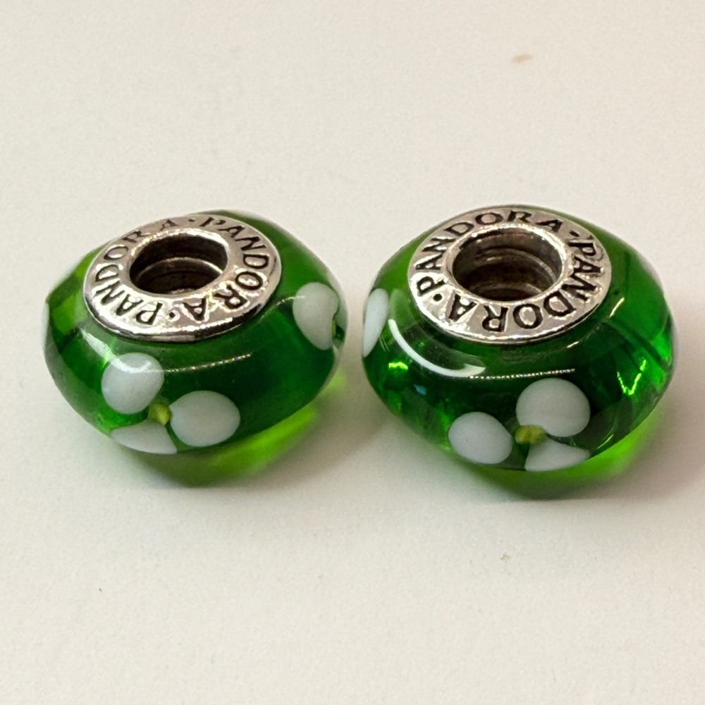 Pandora Green Daisy Murano Glass Charms Set 2 925 ALE Retired